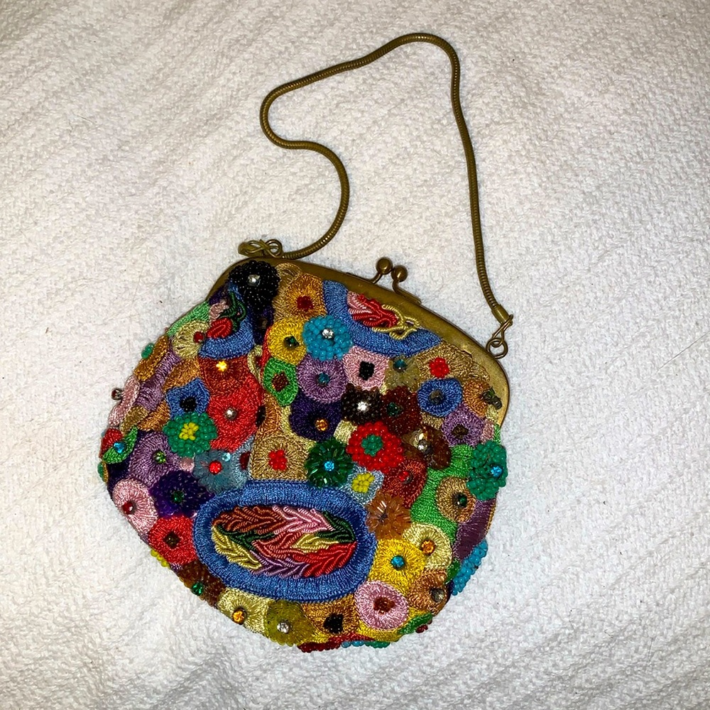 Santi Vintage Multicolor Floral Beaded Clutch with Kiss-Lock Closure